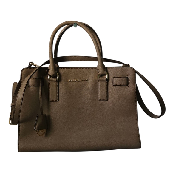 Michael Kors Taupe Saffiano Leather Satchel Bag Gold Hardware Crossbody‎ Tote - Picture 1 of 10